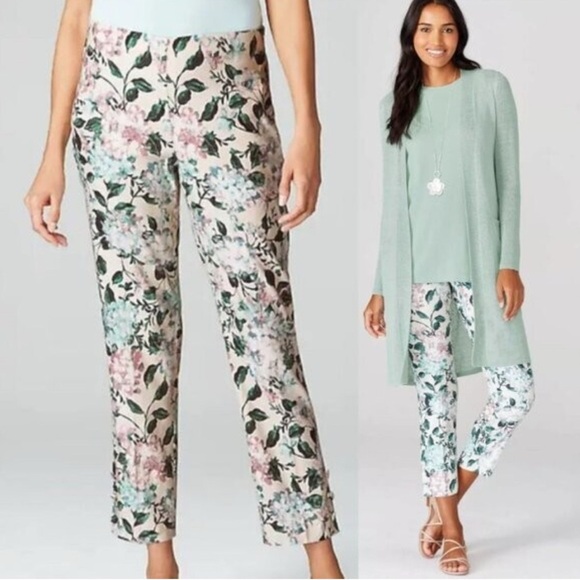 J.Jill Linen Stretch Fresh Spring Floral Cropped 3 Button Ankle Side Zip Pant M - Picture 1 of 14